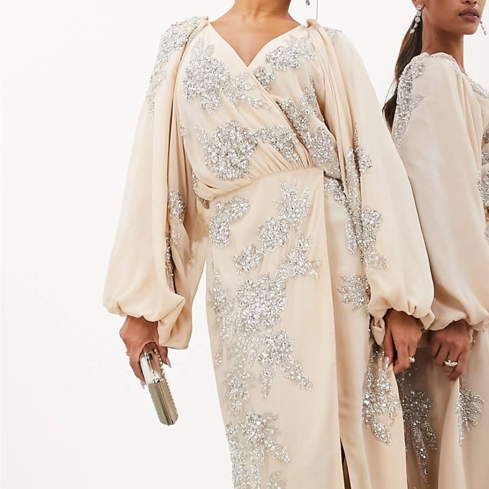 ASOS Cream Long Sleeve Dress with Silver Embellishments